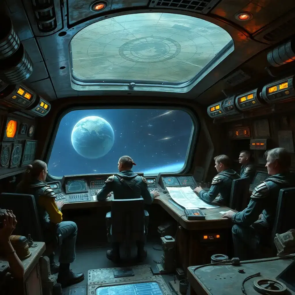 Inside the control room of a space pirate ship, the atmosphere is tense and chaotic. Pirate crew members, wearing a mix of tattered clothing and armored gear, work at various stations, monitoring star charts and tracking enemy ships. The control panels are old and worn, with flickering lights and patched-up machinery. Through the large viewport, the vastness of space can be seen, with distant stars and passing comets. The ship's interior is filled with rough, utilitarian furnishings, and the hum of the ship’s engines is constant in the background.