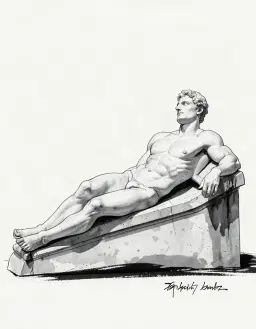 colossal marble sculpture of a youthful male deity in his early twenties, perfectly poised, elegant and graceful, reclining on a stone chaise, rendered in michelangelo renaissance allegorical style with hyper‑masculine anatomy study, low‑angle perspective, zenga style featuring bold spontaneous ink strokes on plain paper, a single thick black brushstroke and dry‑brush gray accents, radical simplicity against vast empty space, minimal composition with a solitary gesture, wabi‑sabi imperfection, subtle calligraphic inscription, stark monochrome contrast, ink‑filled shadows.