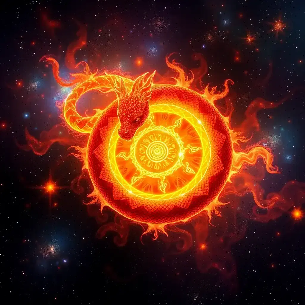 Amidst the kaleidoscopic expanse of a forgotten nebula, a mythical solar serpent coils in on itself in an elaborate dance of fire and elegance. Its scales glimmer with cosmic iridescence, casting kaleidoscope reflections that ripple across the vastness of space. As it spirals through the heavens, it weaves a rich tapestry of conflagrant hues, uniting the sacred warmth of the sun with the ancient mystery of the stars.