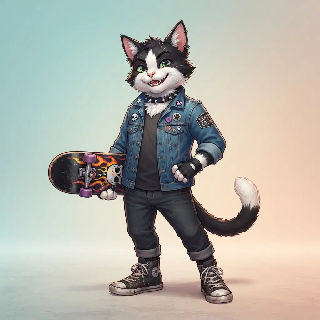 anthro cat fursona character, full body, playful grin, black and white tuxedo fur, wearing a denim jacket and sneakers, holding a skateboard, clean soft gradient studio background, vibrant, crisp high detail, digital illustration