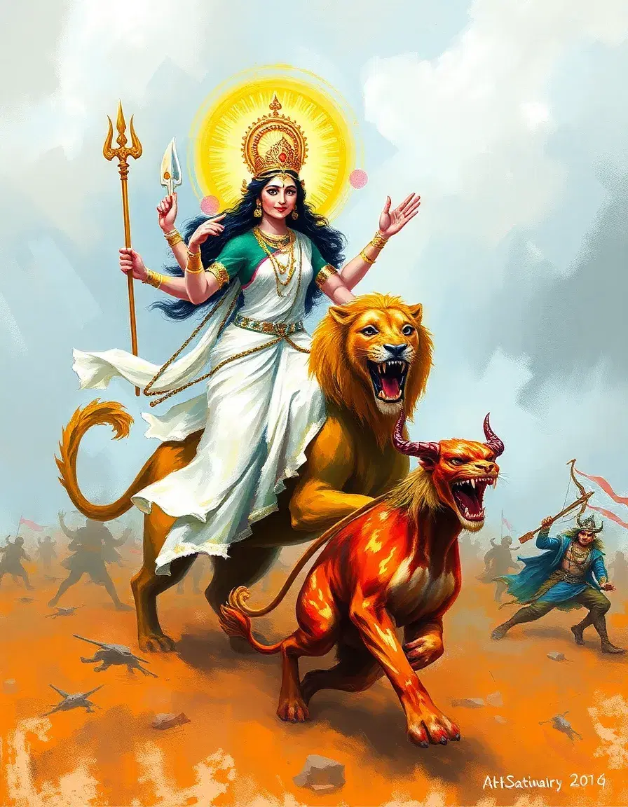 a goddess durga, wearing a flowing white sari, stands on her lion, holding a trident, sword, chakra, and bow, as a demon flees in fear. the scene is set on a battlefield, but the details are soft and blurred, with loose brushstrokes suggesting the movement of the stormy atmosphere. the golden aura around goddess durga is captured in short, vibrant strokes, conveying a sense of energy and power. the color palette is bright and contrasting, with the pure colors of the sky and the goddess's auraclashing with the darker tones of the demon and the battlefield. the impressionist style emphasizes the fleeting moment, with the feeling of the stormy weather and the goddess's divine energy evoked through the loose, expressive brushwork.