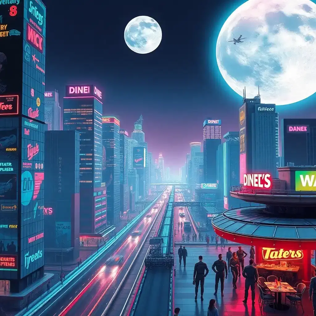 A sprawling retrofuturistic cityscape inspired by 1980s sci-fi visions of the future. Neon-lit skyscrapers stretch into the sky, their reflective glass surfaces covered in glowing advertisements for fictional products. Hovering cars zip through the air on electromagnetic highways, leaving streaks of light behind them. Citizens wear sleek, chrome-lined jumpsuits as they walk along floating sidewalks, while robots serve food at a bustling open-air diner beneath a massive, holographic moon.