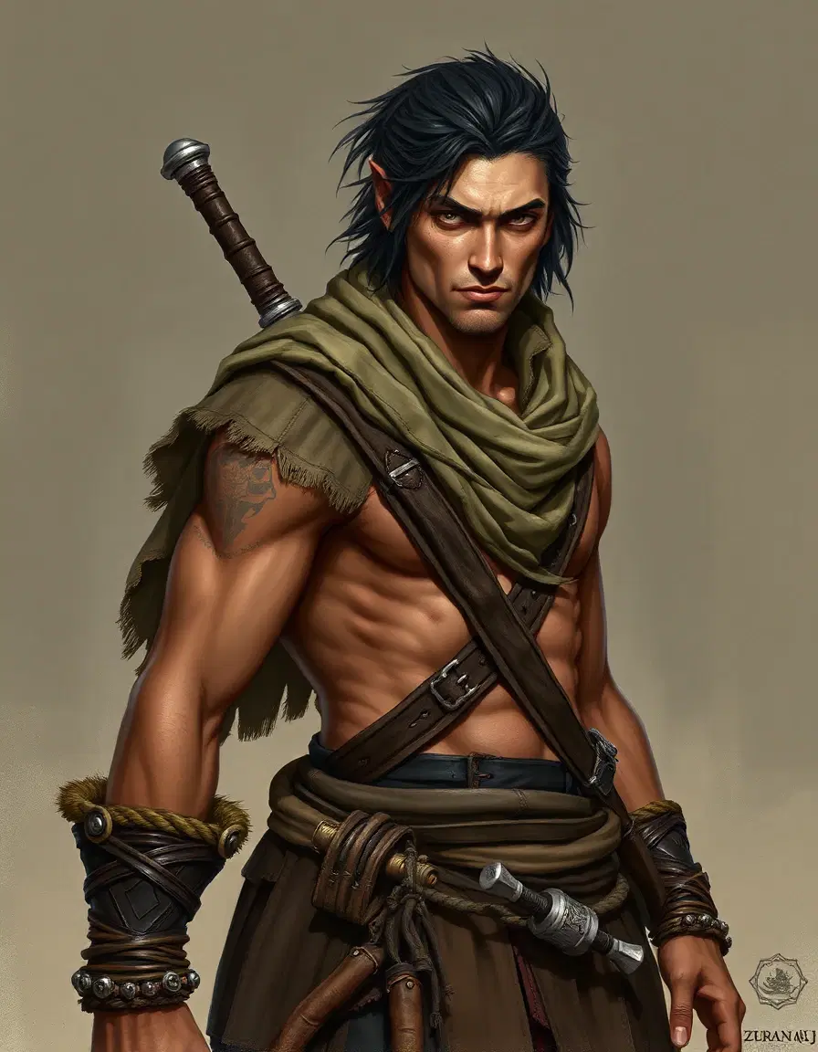 ZURANI ROGUE THIEF — MALE PORTRAIT PROMPT
A male Zurani rogue from the steppe‑nomad culture, reimagined in gritty Hyborian‑fantasy style. Absolutely human. Lean but muscular build (STR + DEX), agile and wiry like a seasoned corsair. Wind‑burned skin, dark hair tied back or loose, sharp cheekbones, light or hazel eyes with a cunning, alert expression. Wears layered leathers, sashes, and travel‑worn fabrics in earth tones, with subtle maritime touches from the Inner Sea: rope bracelets, bone toggles, weathered cloth wraps. No armor plates. Hands calloused from climbing rigging and brawling in taverns. Expression confident, dangerous, half‑smirk of someone who knows every alley and every shadow. Equipped with a shortsword and a light crossbow; belt with tools for theft and survival. Background hinting at Zurath: docks, sails, desert winds meeting the sea. Gritty realism, Hyborian tone, no fantasy races.

Tag utili:  
Zurani rogue, steppe corsair, gritty realism, human only, agile thief, tavern brawler, Inner Sea pirate, Hyborian tone