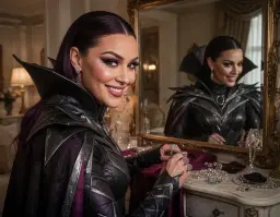 a close‑up cinematic portrait of a glamorous pop star with striking features, styled like a modern celebrity, preparing an elaborate villainous costume in an elegant home setting. the scene captures her sleek hair, flawless makeup, and a mischievous, confident smile that hints at an evil persona. ambient lighting casts dramatic shadows on a luxurious vanity, with rich fabrics, shimmering accessories, and subtle hints of dark costume elements—such as a high‑collar cape, metallic accents, and bold, angular designs—reflected in the mirror. the composition emphasizes the subject’s expressive eyes, immaculate skin, and the dramatic tension of the moment, rendered in ultra‑realistic detail with vibrant colors, cinematic depth of field, and atmospheric lighting.