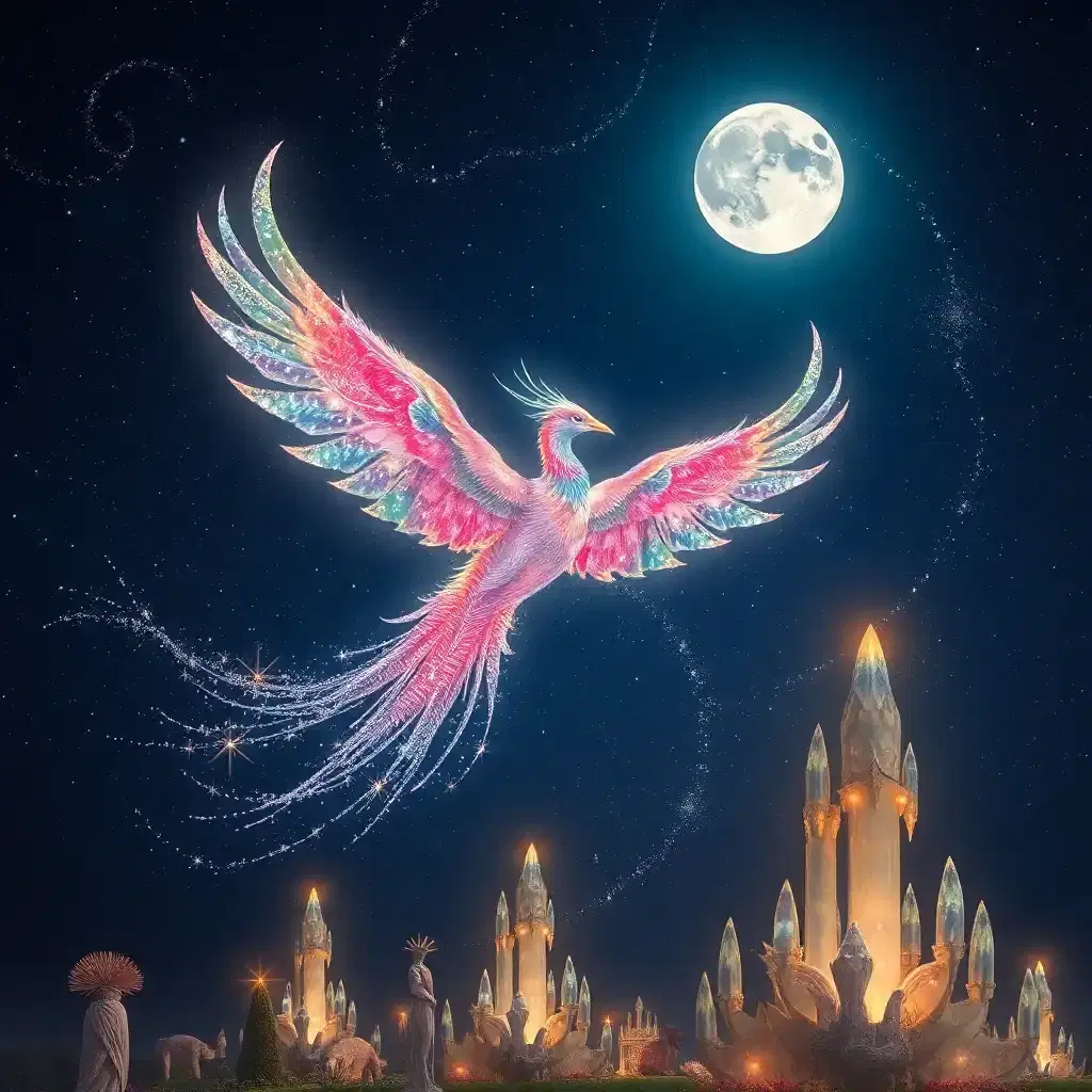 In a universe of infinite possibilities, behold a majestic lunar phoenix soaring through the star-strewn sky. Its iridescent feathers glitter like moonlit rainbows, each plume a tapestry of constellations. As it flies, the celestial creature leaves trails of ethereal stardust in its wake, painting the heavens with luminescent artistry. Beneath its flight path, a whimsical land of fantastical flora and towering crystalline sculptures catches the light, shimmering in the nocturnal glow.