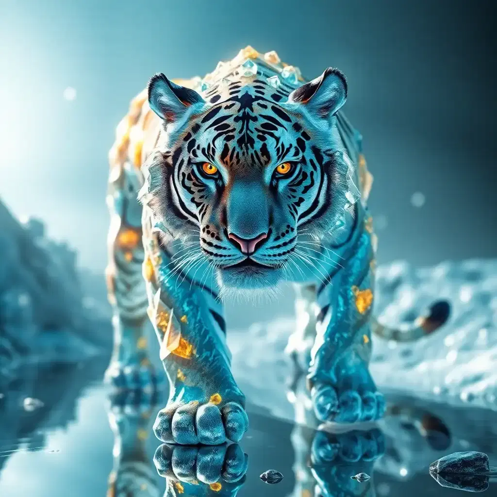 Journey to the prismatic lands where a legendary crystal tiger strides through reflective terrain. Its skin, a living cascade of glittering facets, encapsulates entire worlds within each crystalline frame. The tiger's eyes, fierce and knowing, burn like twin suns. With every step, it reshapes reality around it, bending the light of existence to its own majestic design.