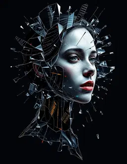 a female bust portrait in a studio, set against a stark black background, shattered into a thousand silvery shards that refract and reflect her features in kaleidoscopic symmetry, as if the very act of breaking has revealed the intricate, fractured beauty of her psyche. suddenly, her face begins to dissolve into a digital realm, where luminous lines of computer code, binary digits, and fragmented digital text coalesce into the head of a cyborg, her features reimagined as intricate text forms, metallic jaw, and hair-like wiring, with different styles and sizes of futuristic fonts creating a sense of depth and digital complexity. the entire scene is now bathed in a vibrant, electric palette of bold blues, fiery reds, and sunshine yellows, as if the shattered glass has been infused with the radiant energy of a neon-lit cityscape, where every detail is amplified by the harsh, abstract light that cuts sharp, geometric shadows across the jagged, fragmented edges, and the delicate black and white chalk strokes of the original portrait have given way to a dynamic, abstract world of bold, expressive brushstrokes and vivid, primary colors.
