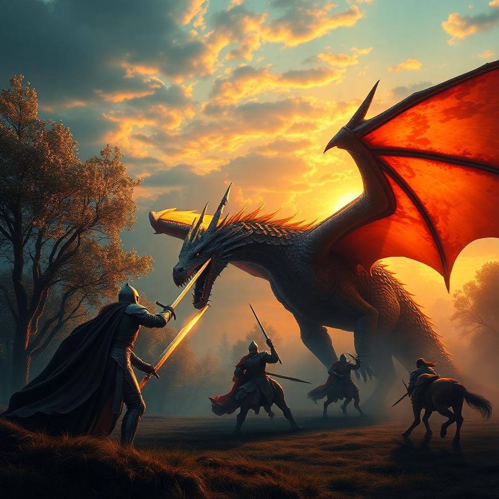 in a stunning twist, imagine a sunrise scene painted with an ethereal touch; the knights clash with the dragon as dawn breaks. the trees glisten like opals, while the dragon's wings burst with sunrise colors - a fiery spectacle at dawn. the air is thick with glow, setting the stage for a majestic battle.
