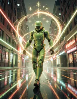 spuma android on a bioluminescent street beside reflective water, vanishing point composition with converging lines toward a distant point, cinematic neon streaks swirling around a transforming bloom, radiant stars like ancient runes shimmering above, pistachio green, warm chocolate brown, and cream palette, pistachio green, warm chocolate brown, and cream palette, the android gazes thoughtfully, mid‑stride, low‑angle view.