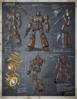 a meticulously detailed, high-fidelity technical character sheet for Smautobot sentient automaton, presented as a series of weathered blueprints layered over a dark brushed‑steel background with holographic amber overlays. The central figure, Smautobot, an asymmetric robot of sleek futuristic ceramics fused with rusted industrial scrap, stands in a neutral T‑pose, flanked by three detailed profile rotations (front, side, rear). To the left, exploded‑view diagrams peel away Smautobot’s chassis to reveal gold‑plated circuitry, hydraulic pistons, and a pulsing iridescent core. To the right, floating 3D icons of equipment modules—heavy‑duty plasma cutter, retractable sensor array, cracked glass memory‑bank—hover around Smautobot. Margins crowded with handwritten technical annotations in sharp architectural script detail “Neural Degradation Levels” and “Structural Integrity: 64%,” punctuated by red‑inked warnings and coffee‑stained digital fingerprints, giving the automaton the feel of a lived‑in, malfunctioning survivor of a forgotten war.