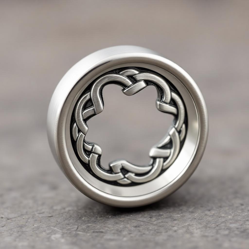 A silver ring, in its middle there is a polished, just brushed, not engraved finish which depicts an intricate Celtic knot pattern engraved around its circumference. All around the ring, the design takes up a third of the space on the ring and is placed in the middle.