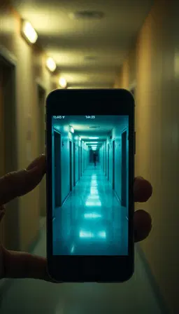 Smartphone screen showing the same hallway security feed now completely empty, subtle digital interference and static, man's frightened face reflected on the screen, realistic phone glass, cinematic horror lighting, 4K, vertical 9:16.
