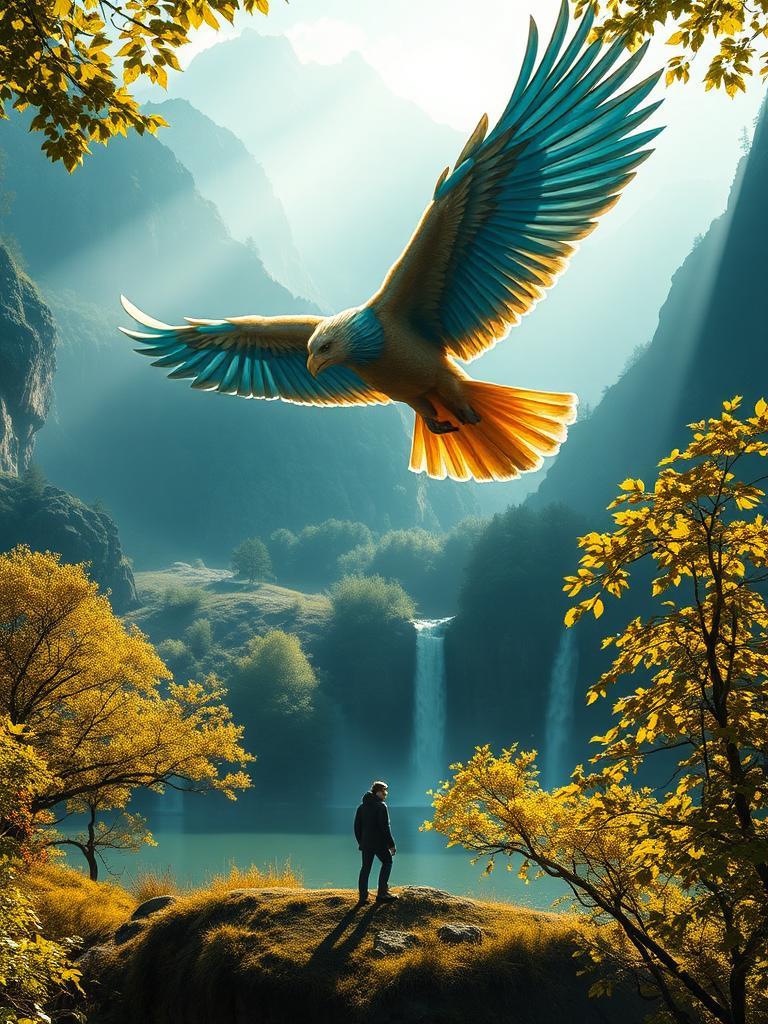 A griffin soars through misty mountains, its golden lion body and blue-silver eagle wings lit by dappled sunlight filtering through the trees. Below, a hidden valley has glowing trees and a calm lake, with a waterfall gently falling. A person walks alone in the valley, surrounded by leaves that cast intricate shadows on the ground. The griffin cries out and flies down, its sharp eyes watching the person as sunlight dances across its feathers. The mix of light and shadow brings the scene to life, creating a sense of peace and wonder.