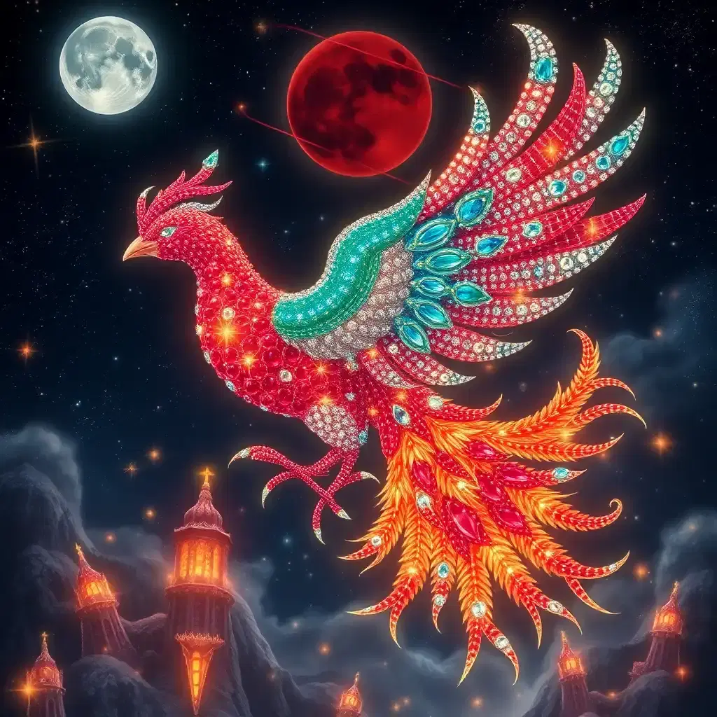 in a realm of boundless wonder, witness the resplendent lunar phoenix, a masterwork of bejeweled splendor. its feathers are encrusted with glittering aquamarine, emerald, and sapphire, like a constellation map on a celestial globe. ruby-red gems adorn its neck and shoulders, set with icy opals that shimmer like starlight. as the phoenix flies, its wings beat in rhythm, sending cascading curtains of diamond-encrusted stardust behind it, glinting like a midnight aurora. beneath its path, the whimsical land is transformed into a kaleidoscope of bejeweled forests, where crystalline palaces and towers are set ablaze by thousands of fiery garnets and rubies, glowing like an infinite number of ruby suns, leaving the dark blue sky filled with golden twinkling embers sparkling across star-spangled celestial canvas.