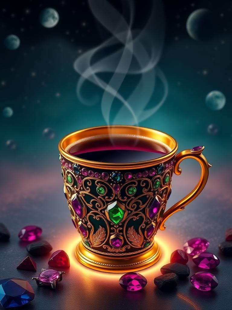 Generate an image of the most luxurious coffee in the multiverse, set in a dreamy twilight scene with rich emerald greens, sapphire blues, and ruby reds. The coffee is in a golden cup adorned with precious gems like rubies, emeralds, and amethysts, and intricate silver decorations. The cup is surrounded by a soft, gradient rim light with a mix of amethyst purple and sapphire blue, creating a glowing halo effect that separates it from the background. Steam rises from the cup, filling the air with a warm, jewel-toned glow that blends with the soft light. The background is a surreal, cosmic landscape with stars, moons, and galaxies, evoking a sense of wonder and mystery. The overall effect is one of luxury and enchantment, as if the coffee is a precious, celestial treasure.