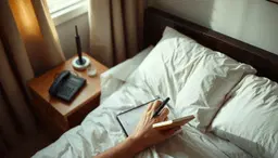 lever de soleil, carnet et stylo, telephone pose loin du lit, homme qui s entraine tot]
