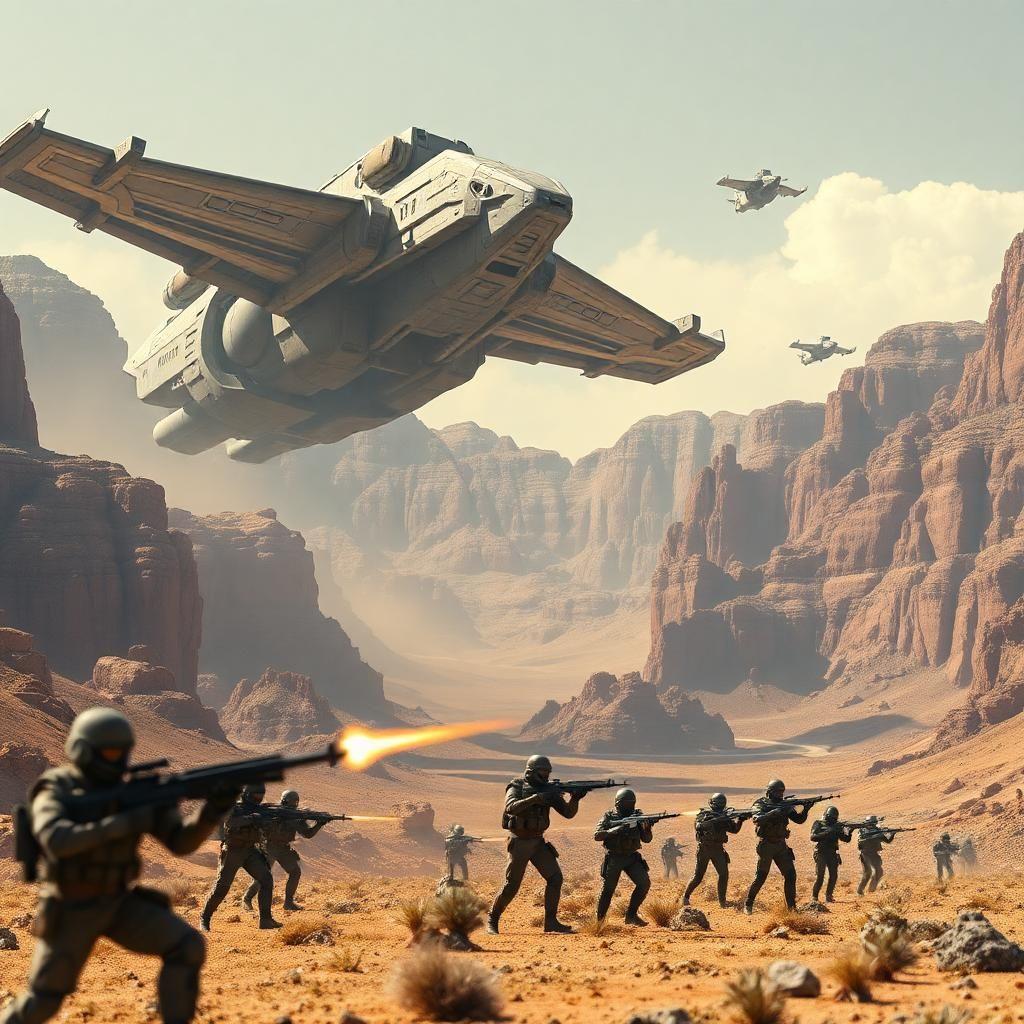 image barren canyon surrounded by flat-topped mountains, enormous Titans flies on the ground and in flight, on the ground armed soldiers defended themselves by firing salvos from their laser rifles, photographic pro, 4K, close -up