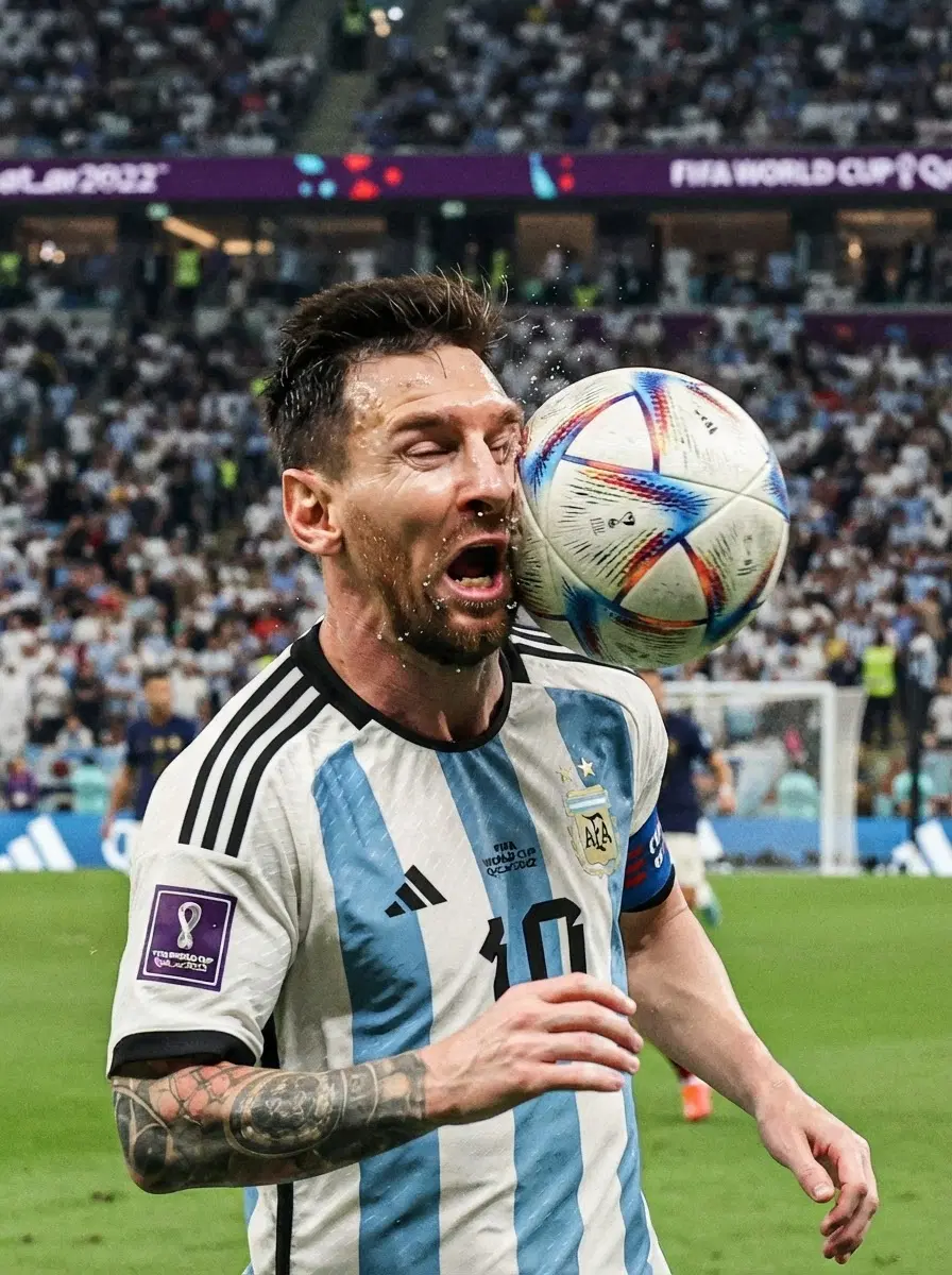 primo piani del viso di un calciatore schiacciato da una pallonata potente che si deforma, durante una partita dei mondiali di calcio
