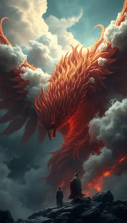 A close-up of an ancient phoenix presented in a fantastical realistic style, with clouds and winds forming divine beasts, swirling and fierce with mist, lowering its head to look down at a tiny person. The rich colors create an exaggerated, terrifying and oppressive atmosphere. Ultra-wide-angle composition, full of tension, with a sense of oppression, and vivid and perfect details. An extremely stunning scene, with strong visual impact, intense contrast between light and dark, natural shadow transition, film-level composition, visual shock, 8K picture quality, ultra-clear, ultimate details, clear lines, high contrast, a master-level work. Three-dimensional rendering, fine brushstrokes, harmonious and pleasant color matching, ultra-fine brushstrokes, smooth lines, ultra-clear picture quality, perfect quality, high quality, adaptive saturation, professional-level lighting, masterpieces, free perspective, natural shadow transition, atmosphere, high-end sense, beauty, full of fatalism, the picture has a sense of layering. Visual impact, sense of story, sophistication, and dynamism.