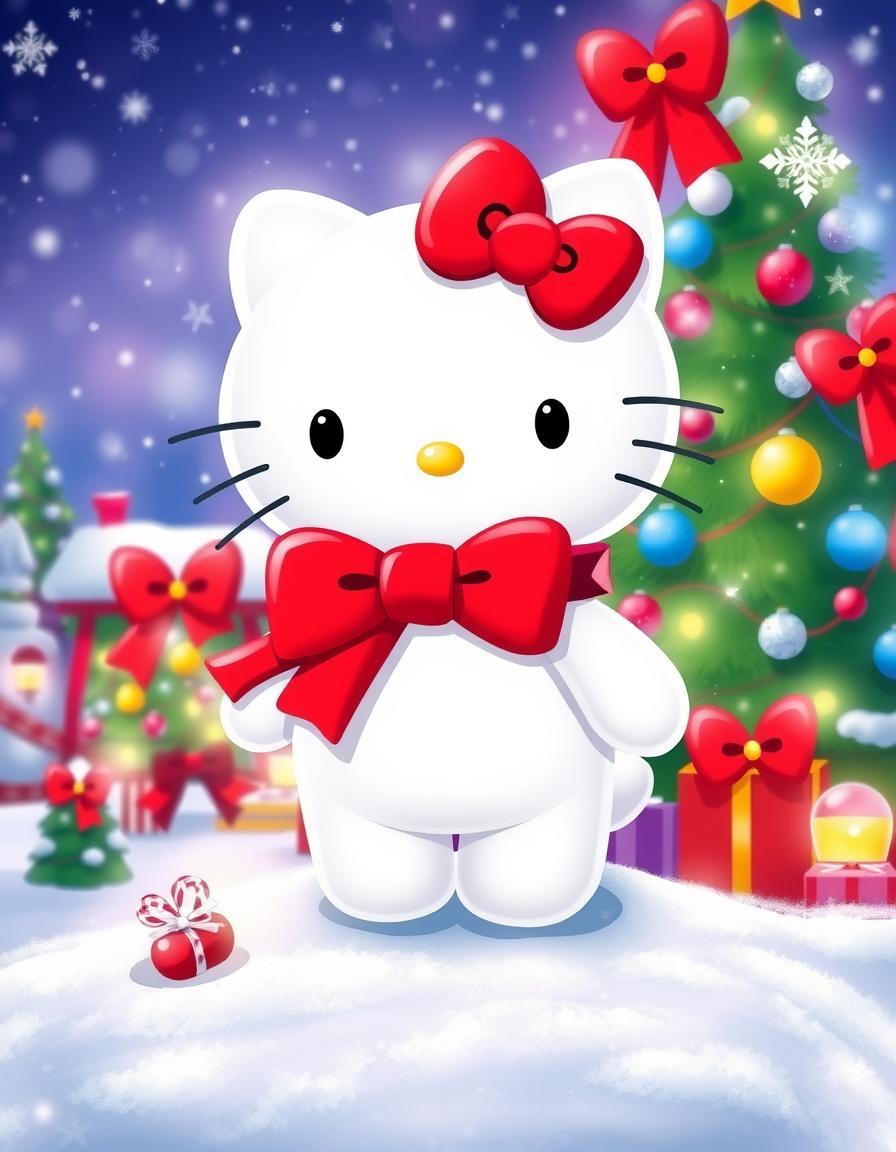 in a whimsical winter wonderland, hello kitty, a beloved sanrio character, is surrounded by a festive christmas scene, complete with sparkling snowflakes, twinkling lights, and vibrant holiday decorations, showcasing her iconic red bow and adorable facial expression, as she embodies the spirit of joy and friendship that defines the sanrio hello kitty character, standing proudly as the central subject of this enchanting scene.