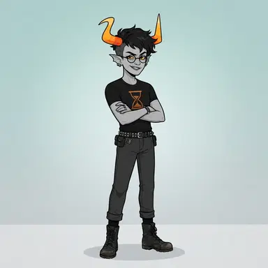 Original fantroll character, gray skin, asymmetrical candy-corn horns, glasses, bronze hourglass symbol, webcomic style