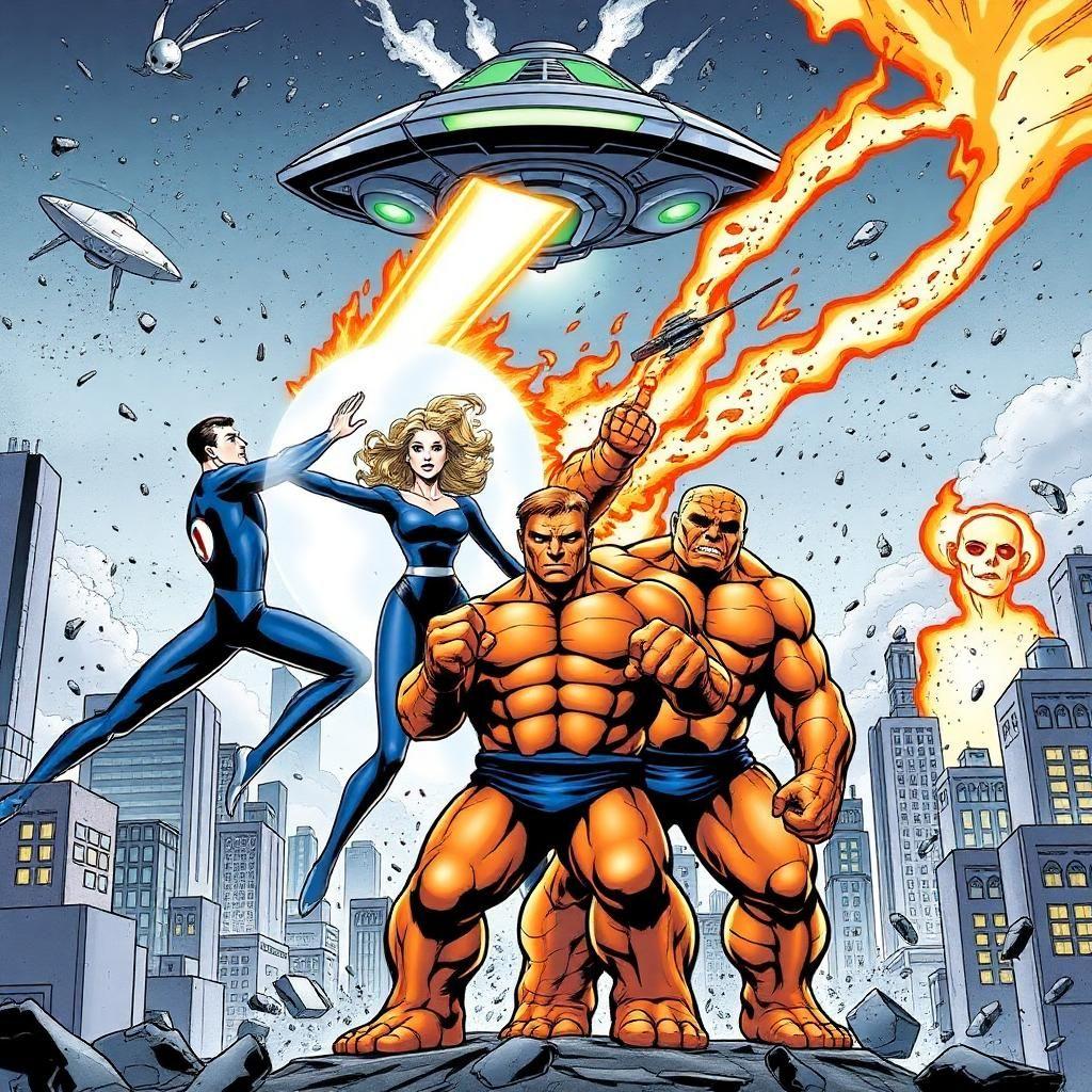 A dynamic comic book illustration of the Fantastic Four in action, showcasing their unique abilities. Mister Fantastic stretches his body in impossible shapes, forming a barrier against an incoming energy blast. The Invisible Woman is mid-air, forming a powerful force field to protect the team, her body partially phasing into invisibility. The Human Torch flies above them, engulfed in flames, leaving a trail of fire in the sky. The Thing stands in front, fists clenched, his rocky orange skin glowing under the destruction around them. The backdrop is a futuristic cityscape with an ominous alien spaceship hovering above, preparing to strike.
