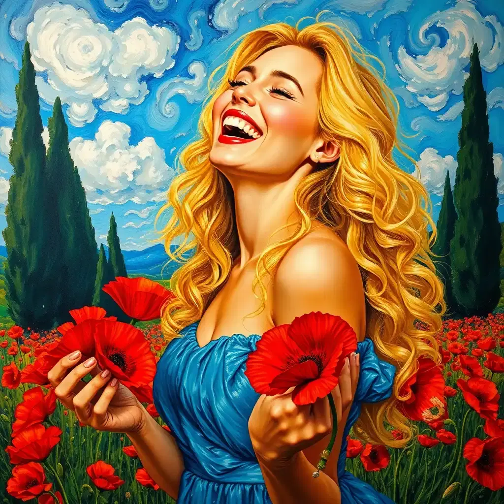 a larger-than-life oil on canvas painting of a woman bursting with joy, long blond hair a wild dance of golden curls, kobalt blue dress shimmering with each quiver of her body, and her hands grasping handfuls of vibrant red poppies as if to prevent them from slipping away, in the style of an exuberant vincent van gogh, post-impressionism. 

the painting features a large, close-up of the subject, side-angled with her face tilted up, her eyes shining bright with mirth, and her entire countenance radiating the contagious energy of intense laughter. 

her expressive, curvaceous brushstrokes, with bold, vibrant strokes of color on the kobalt blue dress and background, evoking an irresistible sense of movement and dynamism. 

her textured, luminous skin glows with a subtle sheen, amplified by the flickering light that dances across her face. in the background, a fantastical landscape of cypress trees and swirling clouds stretches out like a distorted tapestry of dreams.

the canvas exudes a sense of unbridled joy and freedom, the chaotic tangle of emotions captured in the spontaneous strokes on the canvas. vibrant crescents of orange, pink, and blue slice through a muted kobalt blue sky, and with every delicate dance of her fingers, colors come alive.