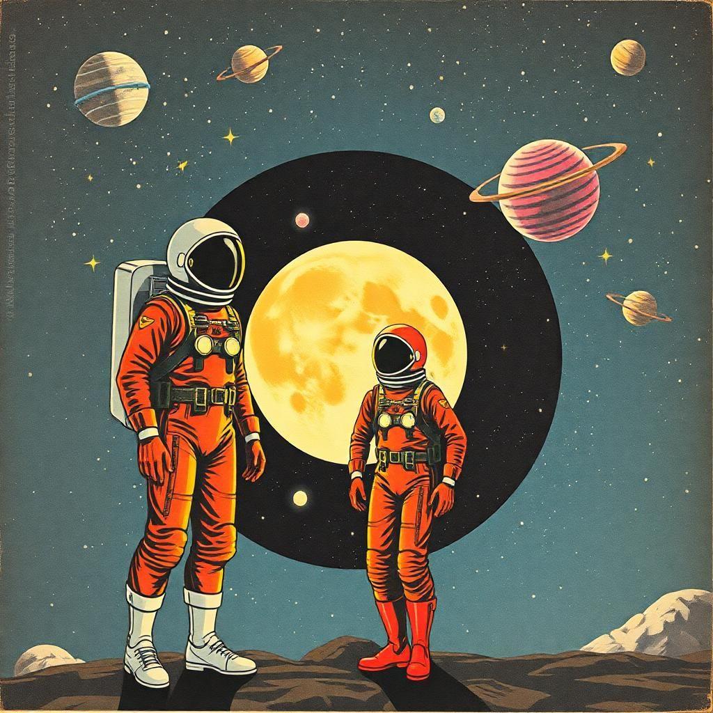 Craft a retro-futuristic collage where the vintage aesthetic meets the limitless cosmos. Picture human figures drawn in pop art style, clad in retro space suits, their actions frozen like pages in a comic book coming to life, evoking a sense of nostalgia for a future that might have been.