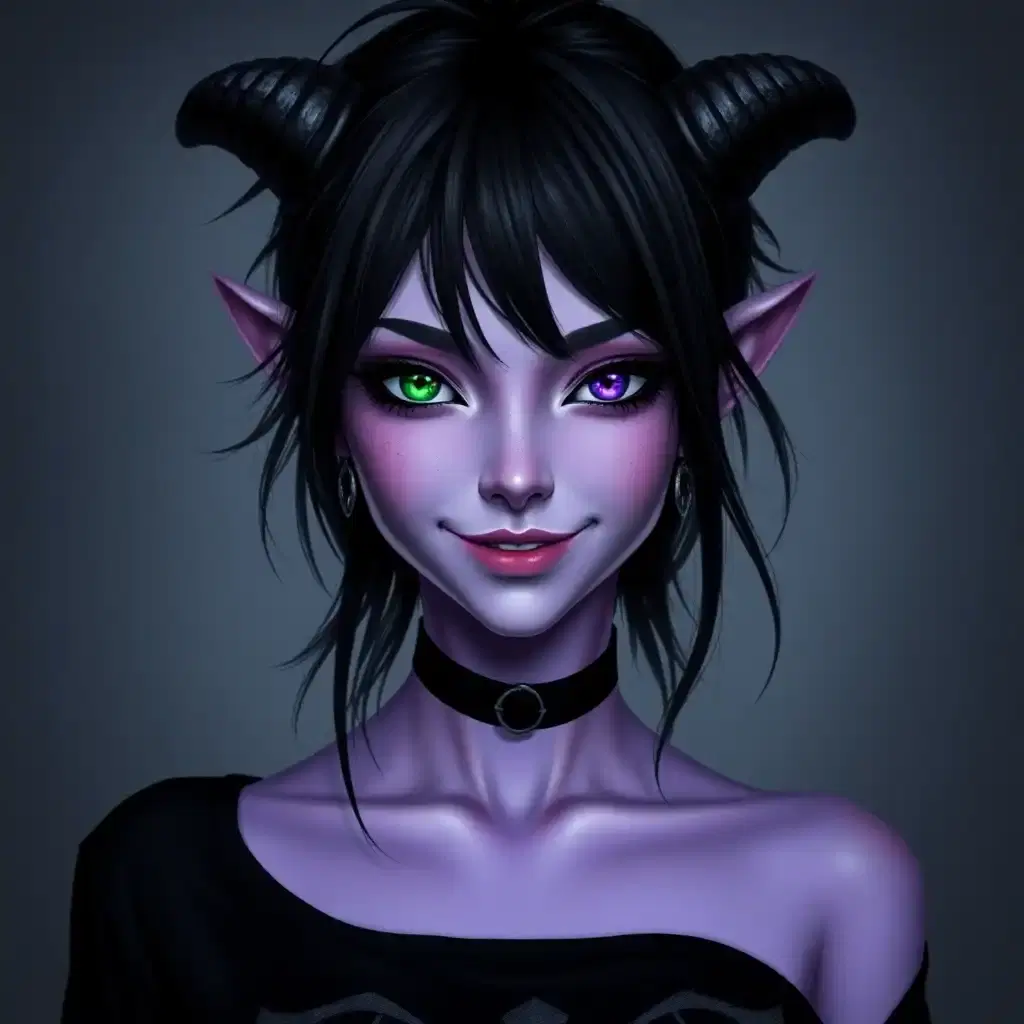 gothic imp. female. messy black hair. black eye makeup. heterochromia - green left eye + dark purple right eye. wearing choker. (black skull shirt).((light purple skin demon)) horns. Demon, light purple color skin 2.3, detailed, photorealistic, smiling, beautiful