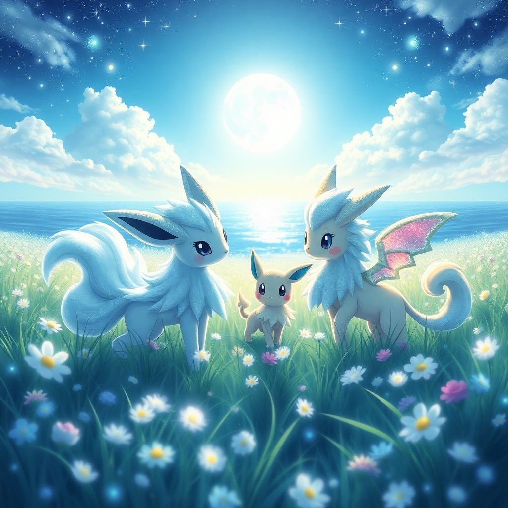 In a dazzling meadow, Pokemon with fur that glitters like that of the ocean under a moon. Their ethereal aura fills the air with pure innocence and boundless joy. Each Pokemon's playful interactions create a dreamy, whimsical atmosphere, surrounded by an ocean