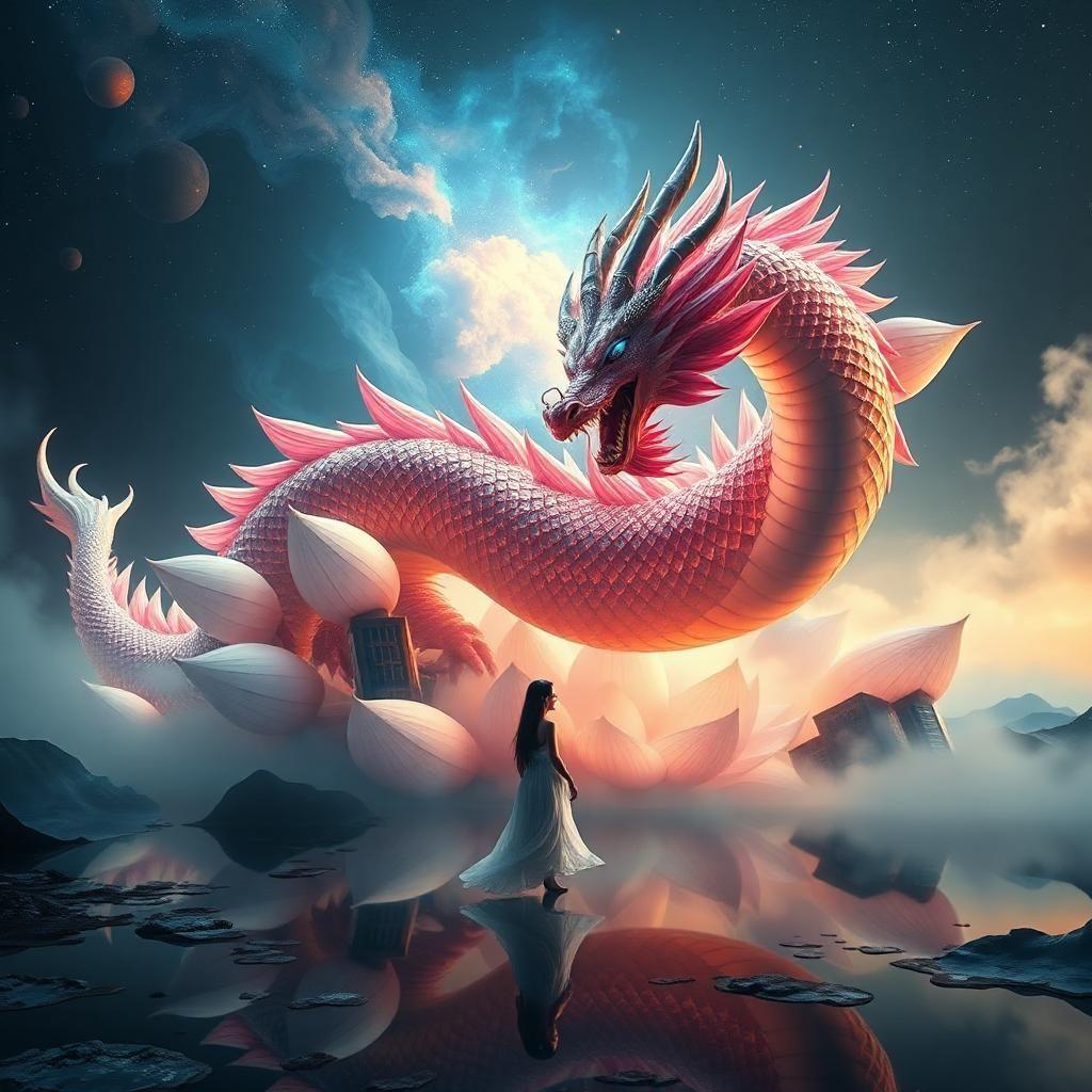 "the camera pans over a majestic nebula, its iridescent petals shimmering like diamonds in the fading light. the lotus dragon emerges, coiled and majestic, its scales reflecting stardust and pearls in the soft, ethereal glow of the blue fire burning in its eyes. the dragon's roar echoes through the scene as it unfurls, its plumage shifting like a kaleidoscope of colors: rose-tinted sunrise and golden sunset merge with wisps of smoke and mist. the camera zooms in as the dragon's eyes lock onto a surrealist dreamscape reflected in the dark, velvety pond below: melting skyscrapers twist into abstract sculptures, dripping clocks unfurl like flowers, and ghostly figures glide in perfect harmony. as the dragon's misty aura rises, its gaze locks onto a lone figure standing at the water's edge: a young woman dressed in flowing white, her eyes closed in rapt contemplation. as the dragon's roar swells, she opens her eyes, and the camera spins out of control in a whirlwind of color and chaos. cut to a grainy, handheld shot of the woman sprinting through the surreal landscape, the sound of the dragon's roar and gentle churning of water in the background, as tendrils of the nebula seem to reach out and ensnare her. fade to black. credits roll. the sound of the dragon's ethereal blue fire still lingers, softly pulsing through the silence."