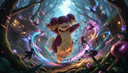 audino in a hidden woodland village, chaotic energy, sharp fragmented lighting, clashing kinetic color bursts, fast unpredictable rhythm, swirling spores and fairy silhouettes in wild motion, spinning wildly, low angle view.