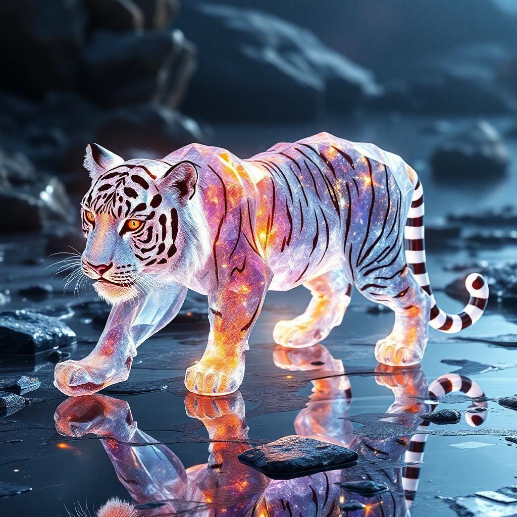 Journey to the prismatic lands where a legendary crystal tiger strides through reflective terrain. Its skin, a living cascade of glittering facets, encapsulates entire worlds within each crystalline frame. The tiger's eyes, fierce and knowing, burn like twin suns. With every step, it reshapes reality around it, bending the light of existence to its own majestic design.
