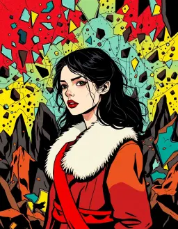 a young woman with pale skin and dark hair in a torn fur‑lined coat with white collar and red sash, set in a chaotic dreamscape of shattered glass and jagged rocks, rendered in bold woodland school style: graphic black outlines, flat saturated fields of deep red, bright yellow, turquoise and black, interlocking organic‑geometric forms, flowing line connections and nested colorful subdivisions, with symbolic lighting highlighting tension.