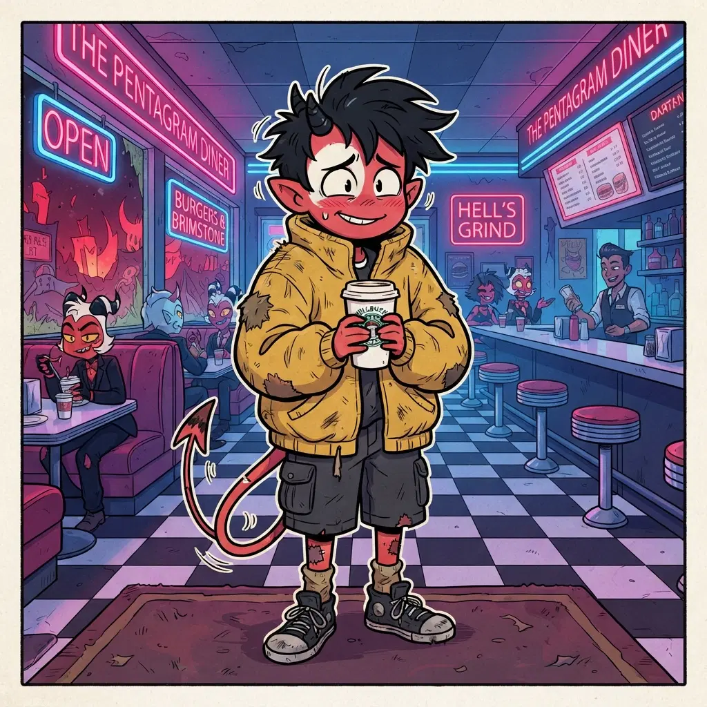 cartoon imp demon boy, pale red skin with white face patch, tiny horns, messy black hair, oversized yellow jacket, nervous smile, holding a paper coffee cup, neon diner in hell backdrop, thick bold outlines, flat colours, 2D western cartoon style, full body
