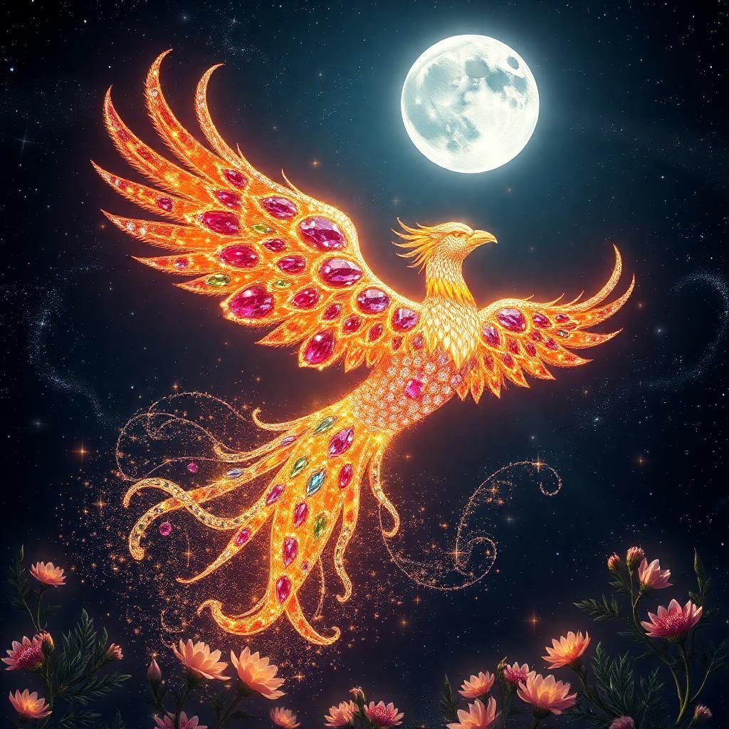 in a universe of boundless sparkle, behold a resplendent lunar phoenix radiating like a cosmic diamond, soaring through a tapestry of twinkling stars and glittering moonbeams. its scintillating feathers blaze with an essence of fireflies on sweltering summer nights, each plume an intricate mosaic of gemstones, crystal clear sapphires, and fiery rubies.

as this celestial marvel glides effortlessly through the star-studded sky, it trails a procession of shimmering stardust in its wake - dust devils of glory, studded with dew-dropped diamonds, rainbow-hued emeralds, and shining topaz. this auroral spectacle paints the celestial canvas with kaleidoscopic colors, radiating raw, electric wattage and unmatched dynamism.

beneath the lunar phoenix's flight path lies a whimsical realm of fantasy, teeming with delicate flora - verdant olive sprigs, petals of silver-tipped silk, ferns aglow with diamond splinters, and glittering rubied lemons that reflect fiery sparks. towering crystalline sculptures, like frosty shards of moonlit shards, catch the nocturnal radiance with crystalline clarity, filtering sunlight into dazzling glares of iridescent glass, infused with glows of auroras.

here, night meets morning; fantasy meets the void; and everything shimmers in star-kissed harmony. a celestial journey through worlds of wild, inconceivable beauty awaits, unfurling itself like the grandeur of an unfurling ray, an unbridled convergence of cosmic fire and shimmering water, culminating into something resplendently supernatural, amidst a chasm of sparkling lights that pierce through night's darkest veil.