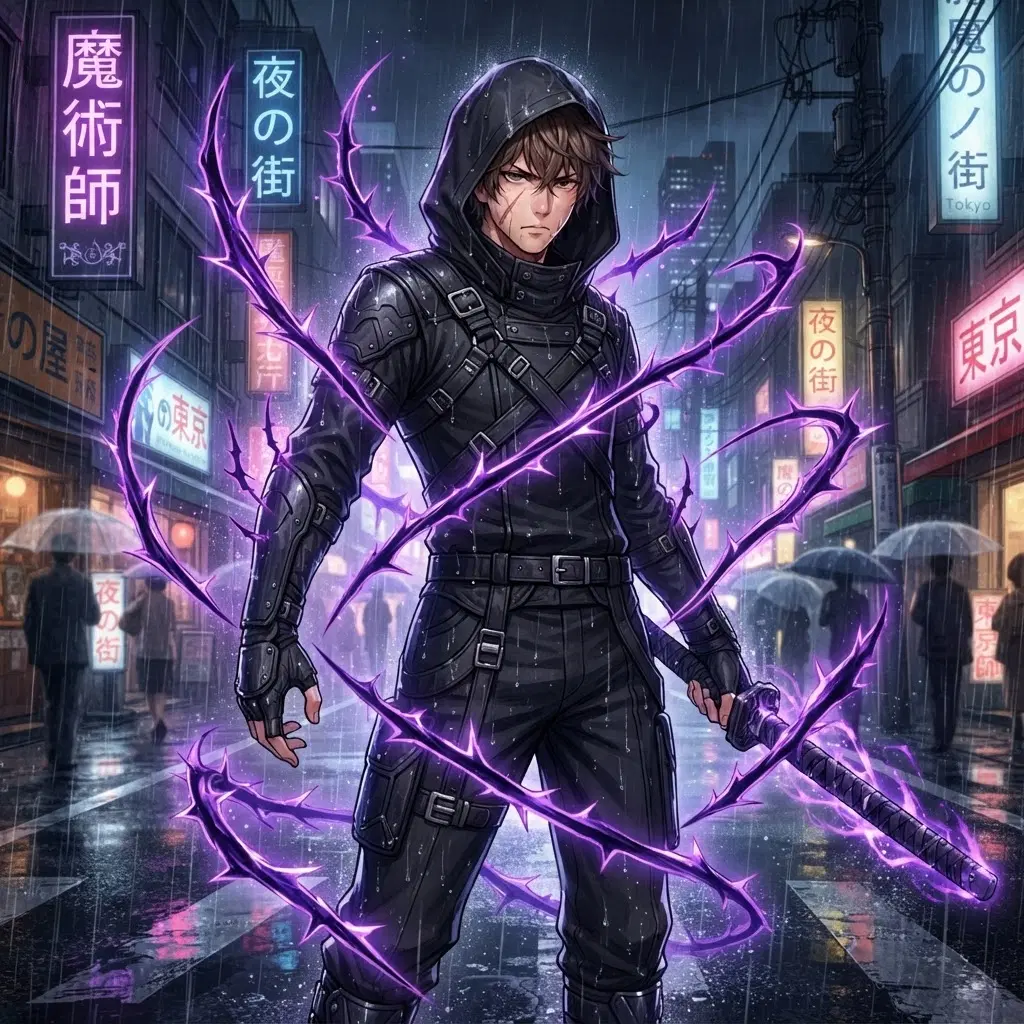 male teen sorcerer, black uniform with a hood up, violet cursed energy shaped like thorns around him, messy brown hair, scar on one cheek, sharp modern anime line art, rain soaked city street at night