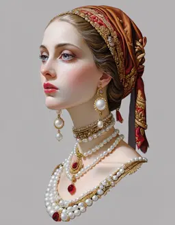 She is a human female with a porcelain complexion, high cheekbones, almond-shaped blue eyes, arched eyebrows, and full lips tinged with subtle vermilion. An elegant golden headpiece studded with pearls and red gemstones crowns her, while layered pearl necklaces, gold filigree jewelry with ruby accents, and large pearl drop earrings adorn her neck and ears. She wears a deep-blue velvet garment trimmed with gold embroidery along the neckline, its draped fabric falling in deep folds around her shoulders.
