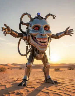 cinematic realism film still of robomonster in an open desert at golden hour, photorealistic with detailed textures and sharp focus. robomonster throws both arms out wide, full body, captured from a low‑angle wide shot.
