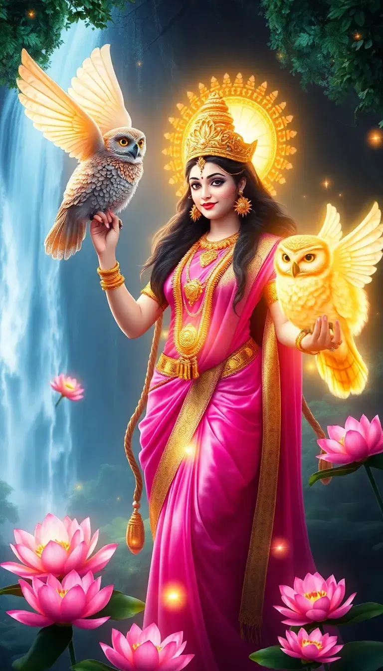 "Fantasy-style digital art of Goddess Lakshmi glowing with divine light, surrounded by magical lotuses and sparkles, wearing a radiant pink and gold saree, owl glowing with mystic aura, background of enchanted waterfall and mystical forest — cinematic lighting, fantasy tones."
