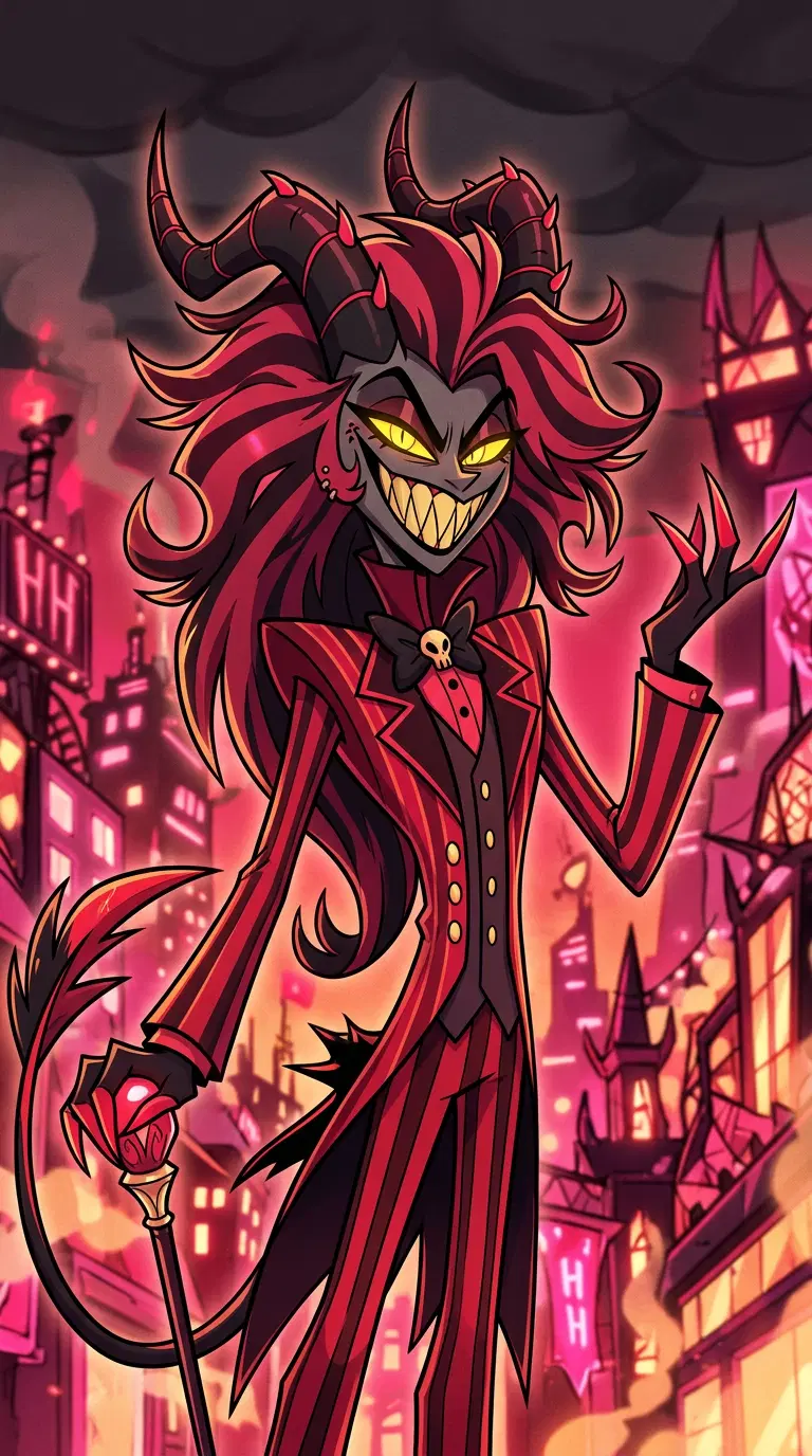 Original demon character in the Hazbin Hotel art style: a tall sinner demon showman with a sharp-toothed grin, red and black pinstripe suit, striped hair with curled horns, glowing yellow eyes, angular stylised cartoon shapes, pink and red hell city skyline behind. Portrait framing from the waist up, face in the upper third of the frame, one character only. No text, no logo, no watermark.