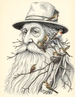 An intricate, hand-drawn vintage illustration in the style of Edward Lear, depicting an elderly gentleman with a long, flowing white beard and a weathered fedora. His beard is intertwined with rustic twigs and branches, forming several cozy nests. A variety of small birds—including owls, larks, and wrens—are perched throughout his facial hair and hat, some nesting and others fluttering about. The artwork features fine cross-hatching and a muted color palette of sepia tones with subtle hints of red and blue, capturing a whimsical yet detailed Victorian aesthetic.