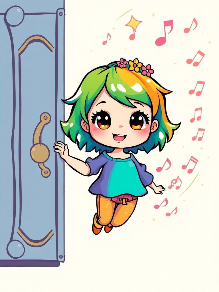 Uma menina chibi sai de um armário com sorriso. Ela tem cabeça grande e corpo pequeno. Seus olhos são grandes e expressivos. Ela veste uma blusa estrelada colorida e calças brilhantes. Ao seu redor, há notas musicais flutuando.

A menina tem cabelo colorido - azul, verde e laranja. Ela carrega uma coroa de flores simples e uma cauda de unicórnio brilhante. Os unicórnios ao redor são desenhados de forma simples e expressiva. Eles brincam em círculos, cercados por nuvens rosadas e estrelas.

O cenário é alegre e colorido. As linhas são simples e grossas, como um desenho de criança. As cores são vibrantes e felizes. A menina chibi parece muito feliz e livre. Ela se encaixa perfeitamente no mundo mágico ao seu redor, cheio de unicórnios e estrelas.
