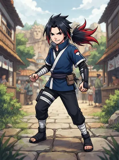 A young Uchiha boy, sharp dark eyes with the promise of the Sharingan, long black hair swept back with striking red tips, pale skin marked by the Uchiha fan crest., in the style of Naruto anime, classic Studio Pierrot shonen art, bold outlines, vivid colors, dynamic ninja action pose, full-body character portrait, centered, relaxed lively stance. SFW, everyone fully clothed in modest attire. Crisp detail, sharp focus, rich lighting, highly detailed