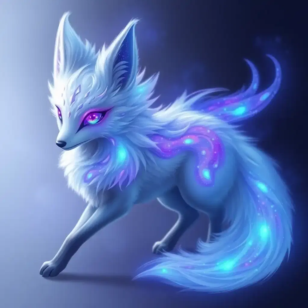 A spirit fox with silver-white fur, glowing violet-blue patterns, and luminous eyes like swirling galaxies. Its mist-like tails leave trails of shimmering light, and its form flickers between reality and the unseen.