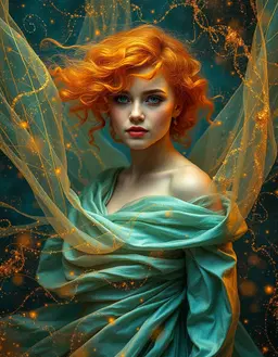 a young realistic woman in a vibrant, cosmic aura, her bright orange-yellow curls and luminous complexion at the center, now set amidst a rich, layered textures, photographs, , tones of teal and aqua golden hues blend in a dreamlike dance, with delicate, shimmering threads infused with glowing fairy dust, and an unfolding, iridescent silk gown that unfurls across her body in a fluid, organic silhouette, now adorned with intricate,