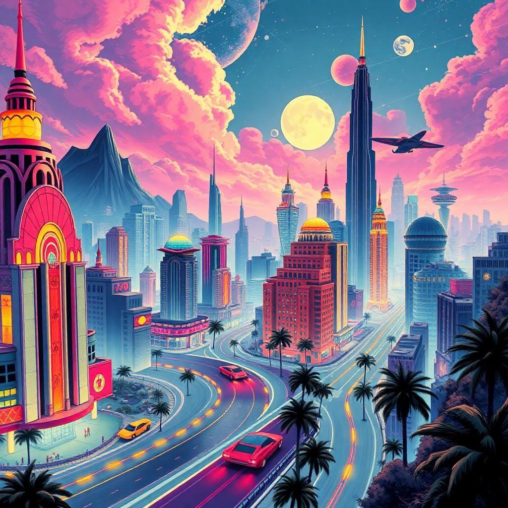 Create a dazzling retro-futurism landscape with a city of ethereal allure. Here, art deco towers and flying cars coexist with a vibrant pop art aesthetic, creating an electric atmosphere. Narratives flash by in comic book storyboards, in colors so vivid they transport viewers into a saga of dreamlike exploration.