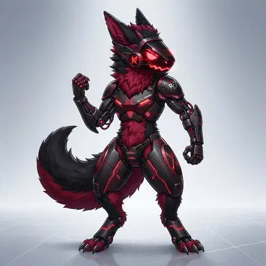 Protogen furry OC full body with red LED visor showing angry eyes, black and crimson fur, mechanical arms, digital art, clean background
