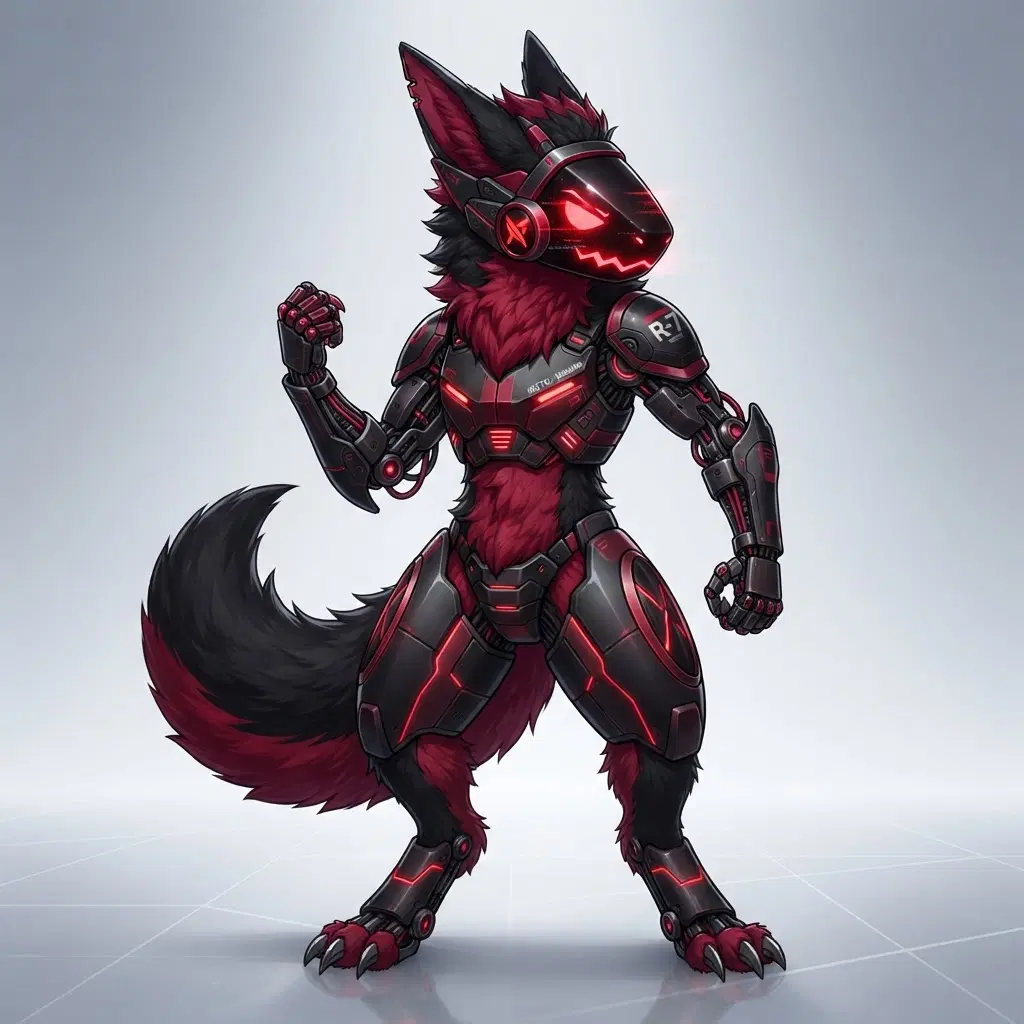 Protogen furry OC full body with red LED visor showing angry eyes, black and crimson fur, mechanical arms, digital art, clean background