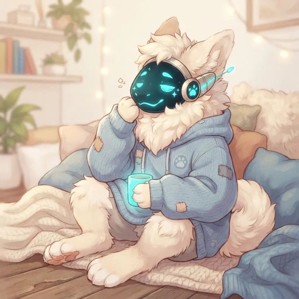 Protogen furry OC with cyan LED visor showing sleepy eyes, cozy hoodie, fluffy cream fur, soft digital art, clean background